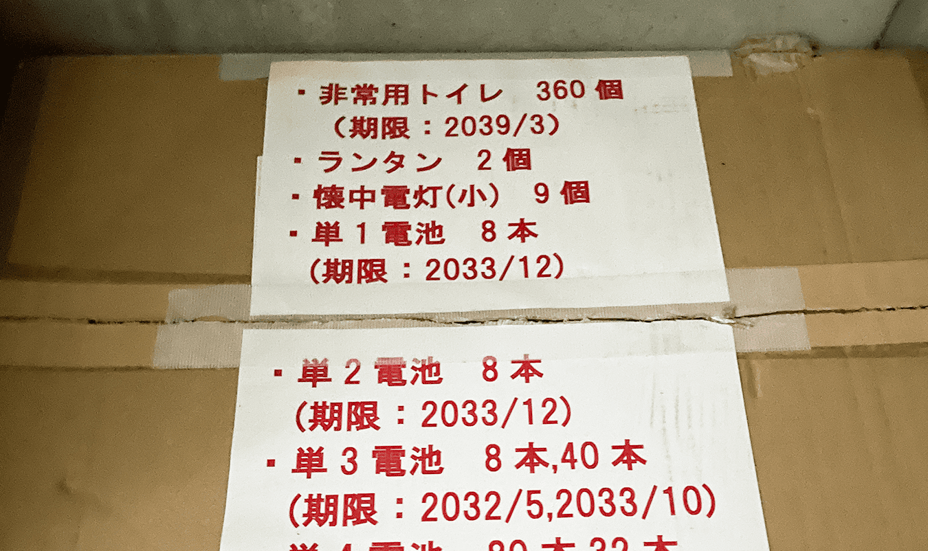 段ボールに紙を貼り備蓄管理をしている様子